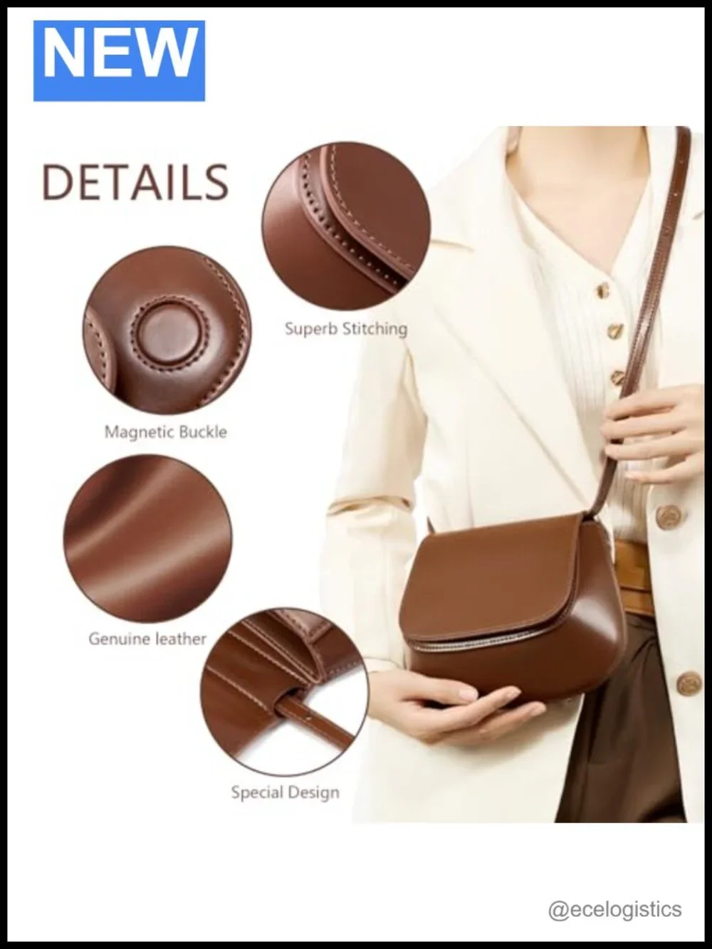 Genuine Leather Small Crossbody Bag Adjustable Strap Shell Design Retro Purse